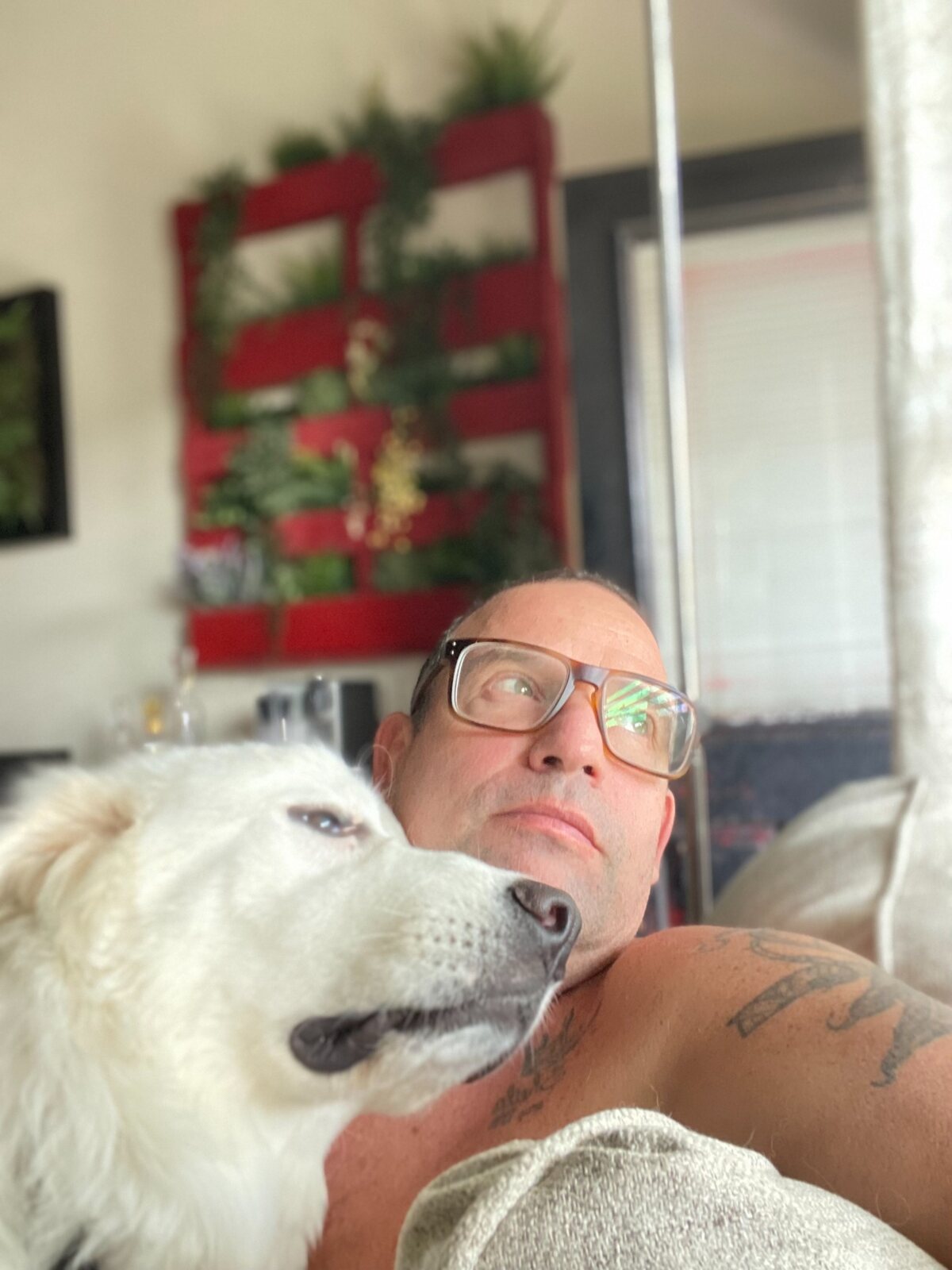 Ronnie relaxing with a Great Pyrenees dog